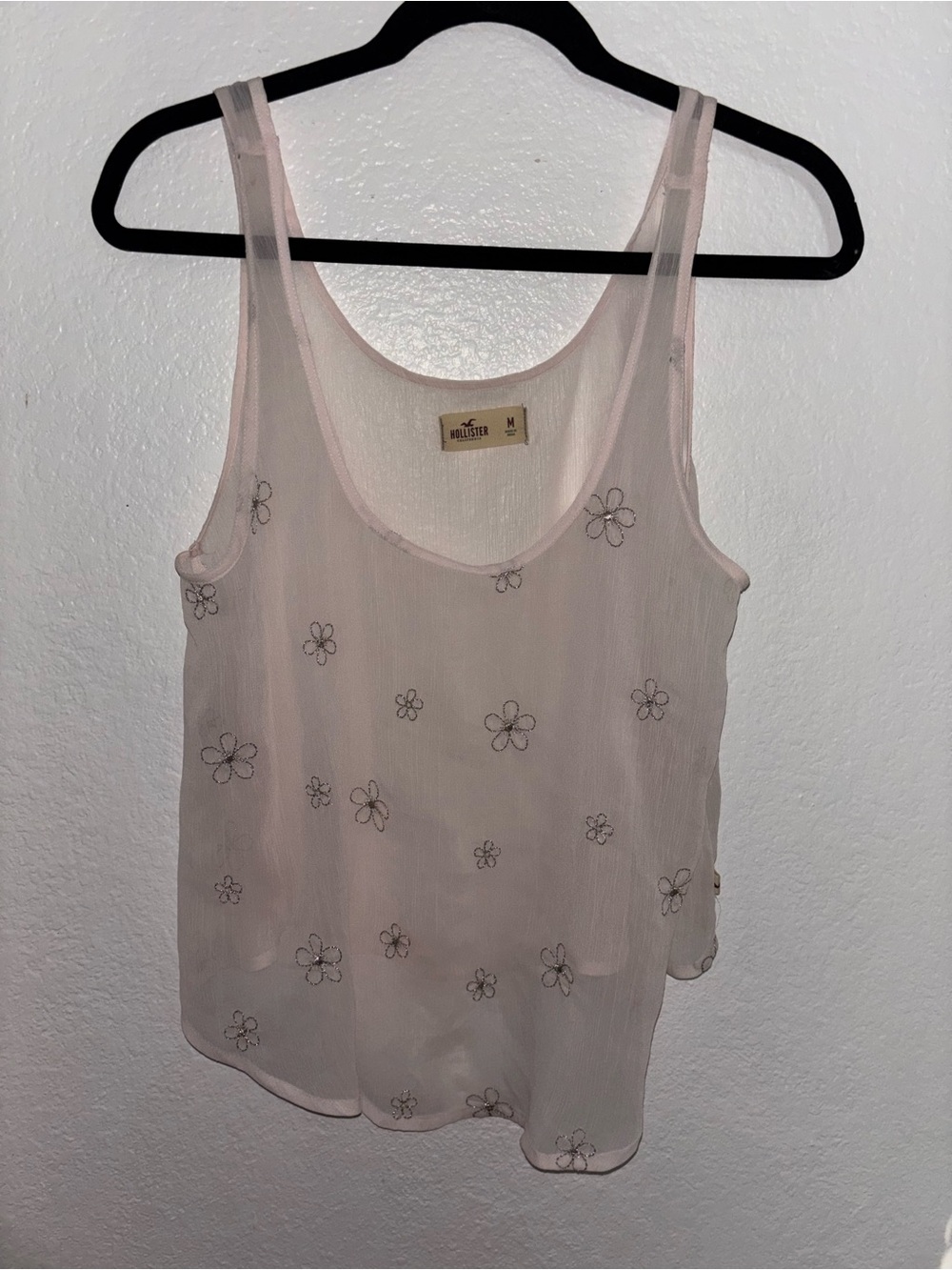 Hollister Embroidered Pink Flowers Sheer Tank Top